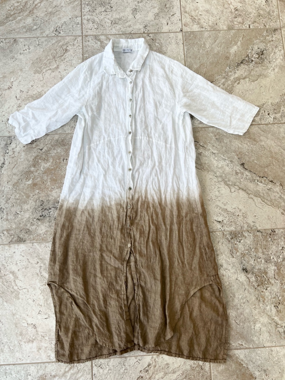 Italian 100% Linen Long 3/4 Sleeve White Brown Ombre Button-Down Shirt Dress, L - Picture 9 of 9
